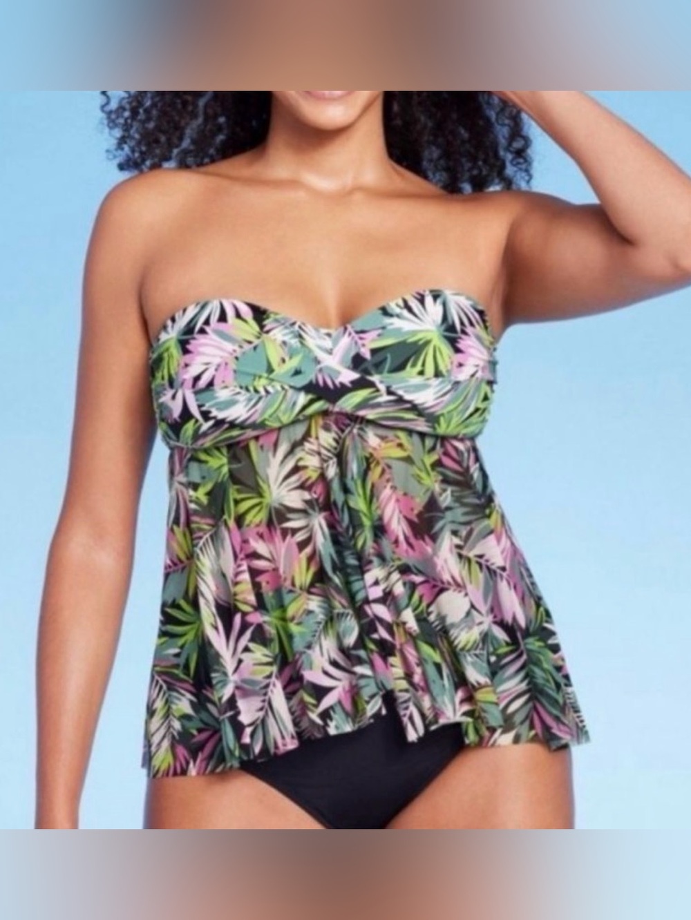 NWT- Kona Sol Tropical Palm Flyaway Bandeau Tankini w/Mesh Bottom